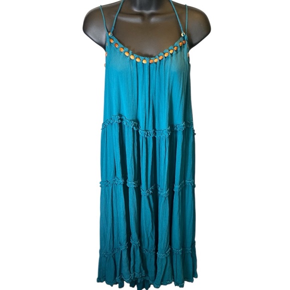 Free People Blue Green Maxi Oversized Sleeveless Dress with Wooden Beading SP - Picture 2 of 11